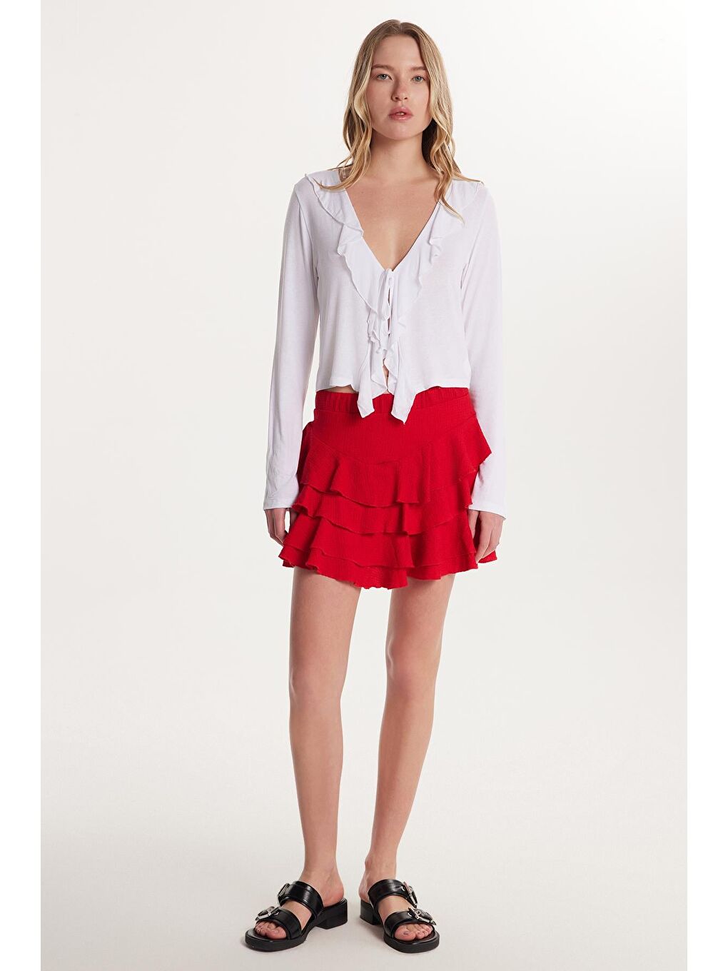 Kadın Relax Fit Rahat Kesim Beli Lastikli Piliseli Kırmızı Etek-1