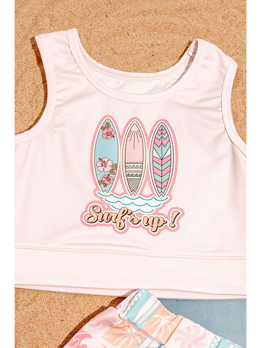 Ekru Kız Çocuk Surf Baskılı Crop Mayo Bikini Takım-2