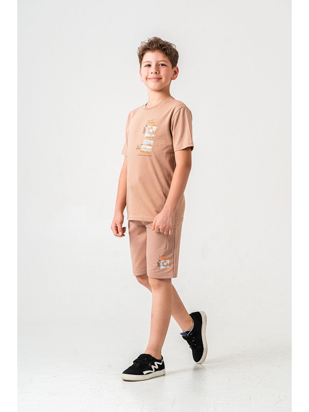 Bej Vacation Time Baskılı Bacak  Baskı Detaylı  Erkek Çocuk Şort - Tişört Takımı-1