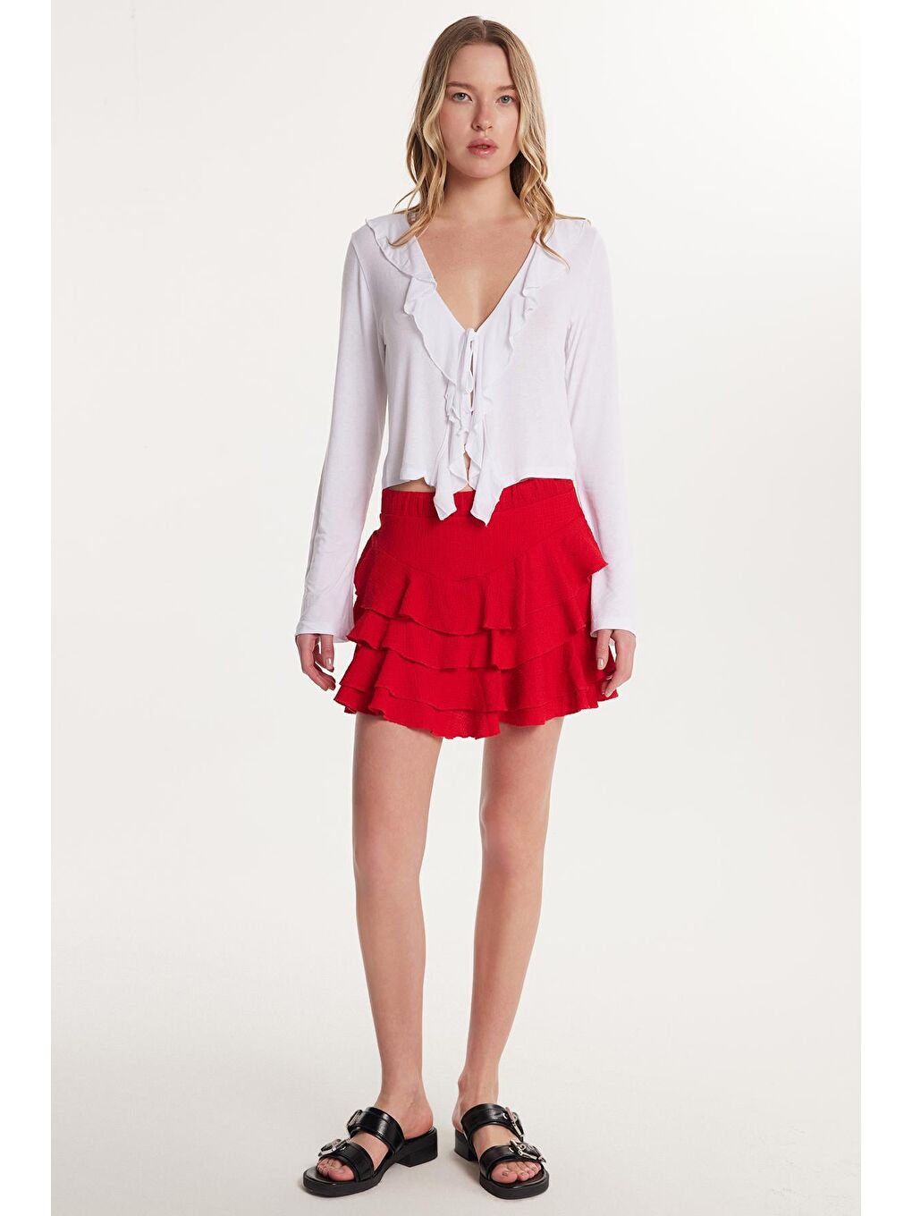 Kadın Relax Fit Rahat Kesim Beli Lastikli Piliseli Kırmızı Etek-3