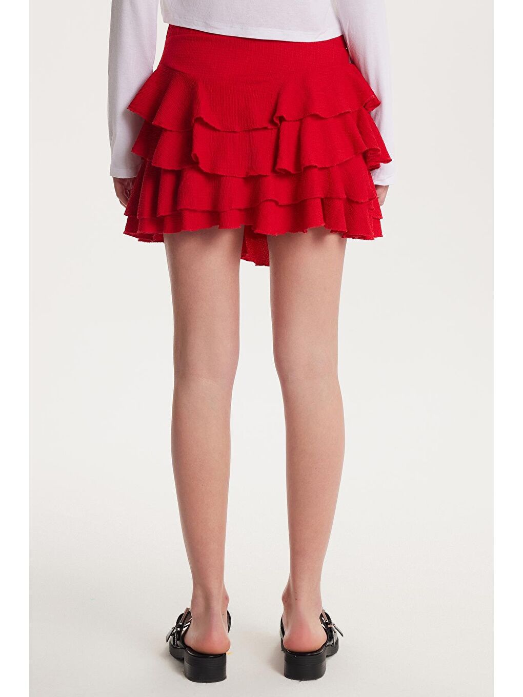 Kadın Relax Fit Rahat Kesim Beli Lastikli Piliseli Kırmızı Etek-4