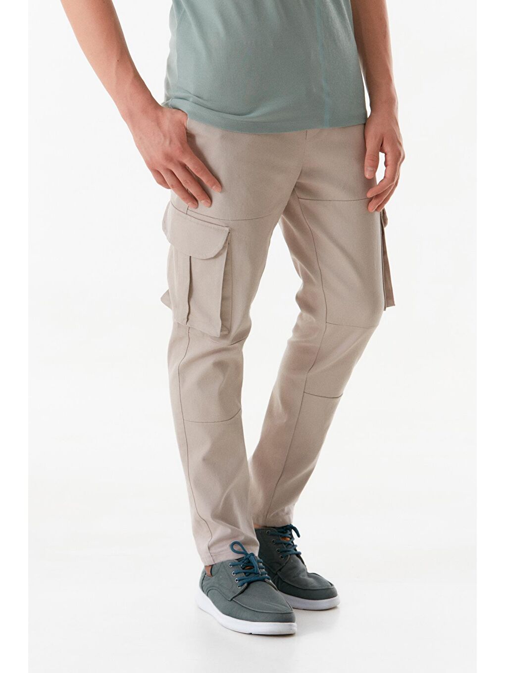 Bej Beli Lastikli Kargo Cepli Pantolon-1