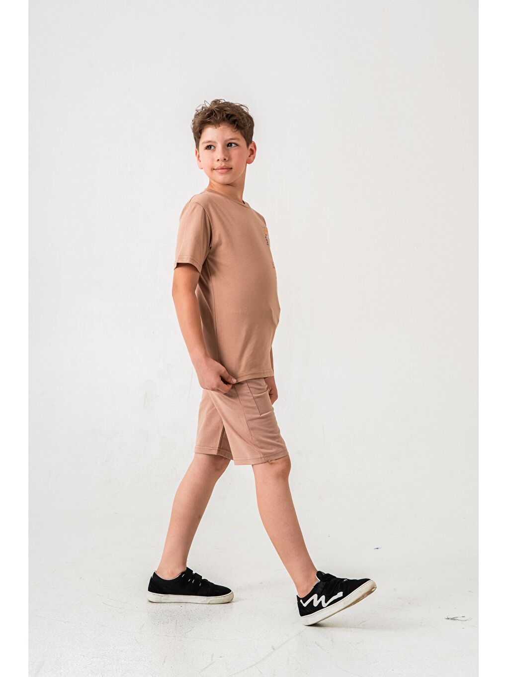 Bej Vacation Time Baskılı Bacak  Baskı Detaylı  Erkek Çocuk Şort - Tişört Takımı-2