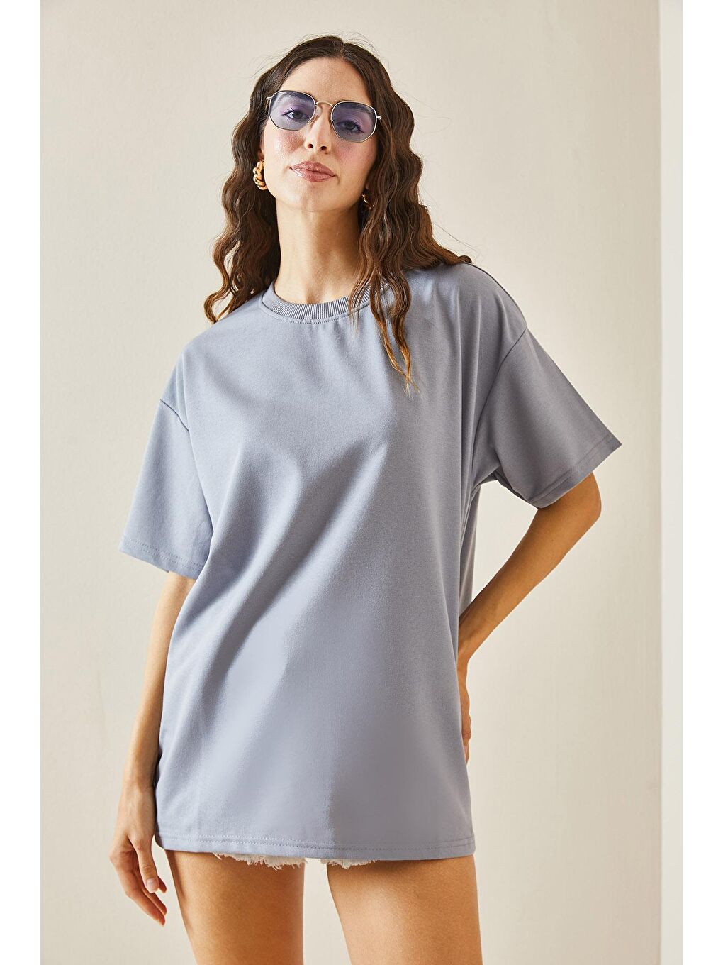 XHAN Buz Mavisi Oversize Basic T-Shirt 3YXK1-47087-43 - 2