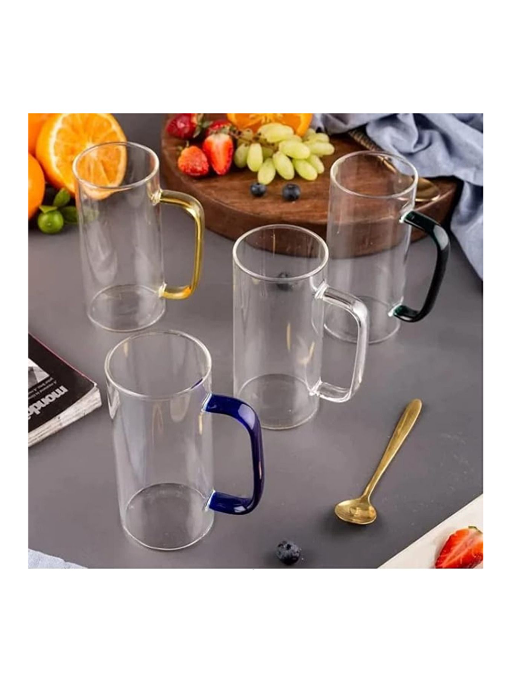 Renksiz Mavi Renkli Borosilikat Cam Kulplu Kupa 400 ml 6 Adet-2