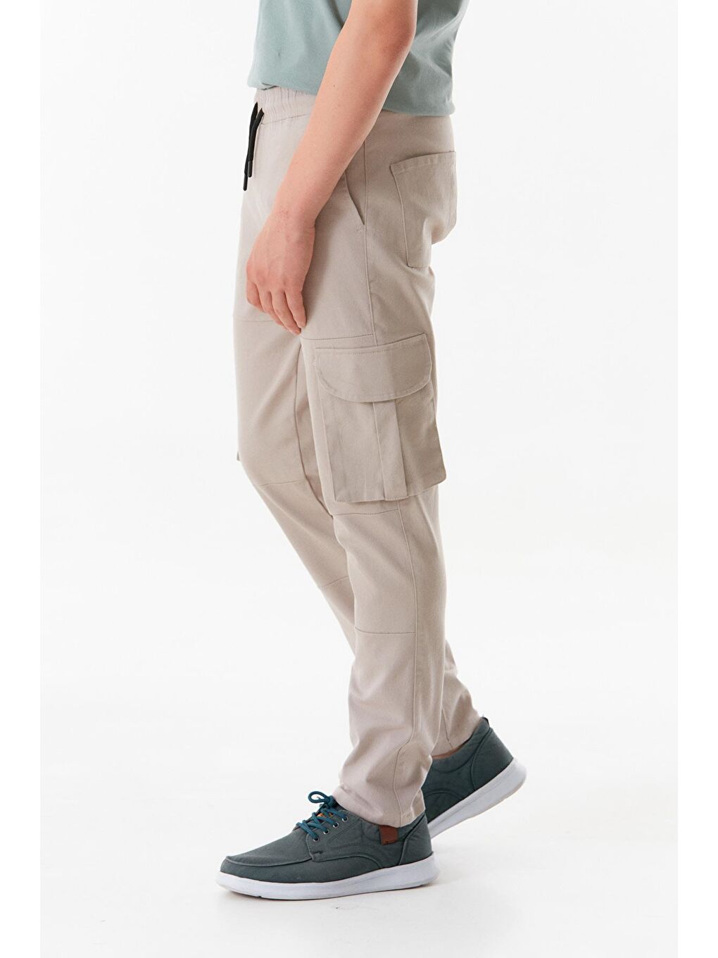 Bej Beli Lastikli Kargo Cepli Pantolon-2