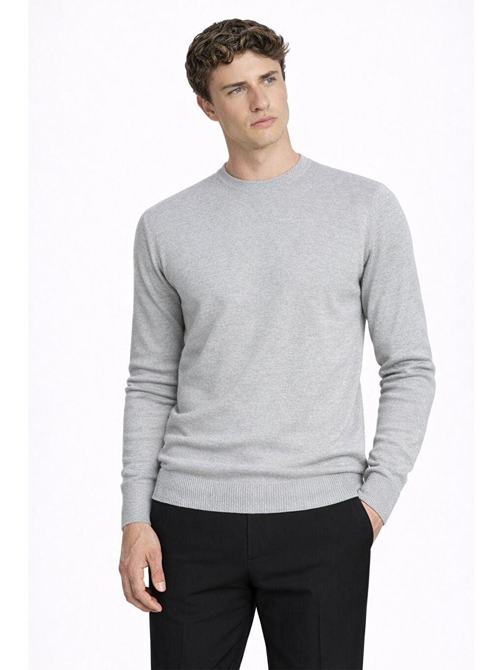 Gri Standart Fit Yün Karışımlı Bisiklet Yaka Düz Erkek Triko Kazak-1