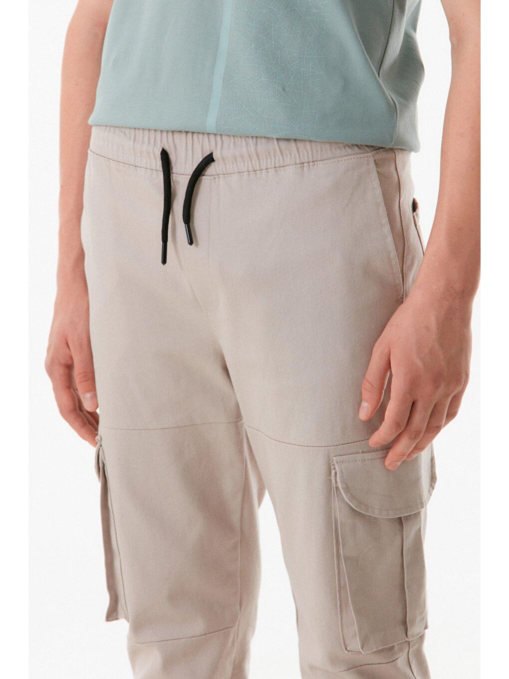 Bej Beli Lastikli Kargo Cepli Pantolon-4