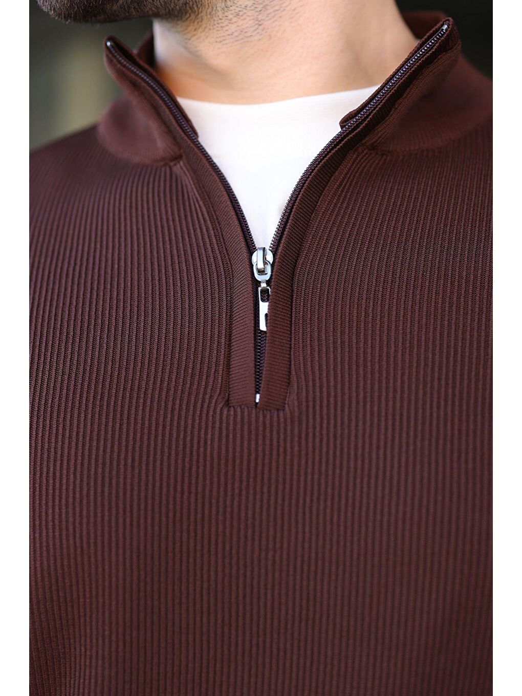 Kahverengi Yarım Fermuarlı Dik Yaka Erkek Triko Kazak 7442-2