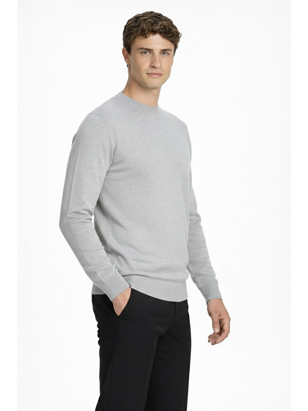 Gri Standart Fit Yün Karışımlı Bisiklet Yaka Düz Erkek Triko Kazak-2