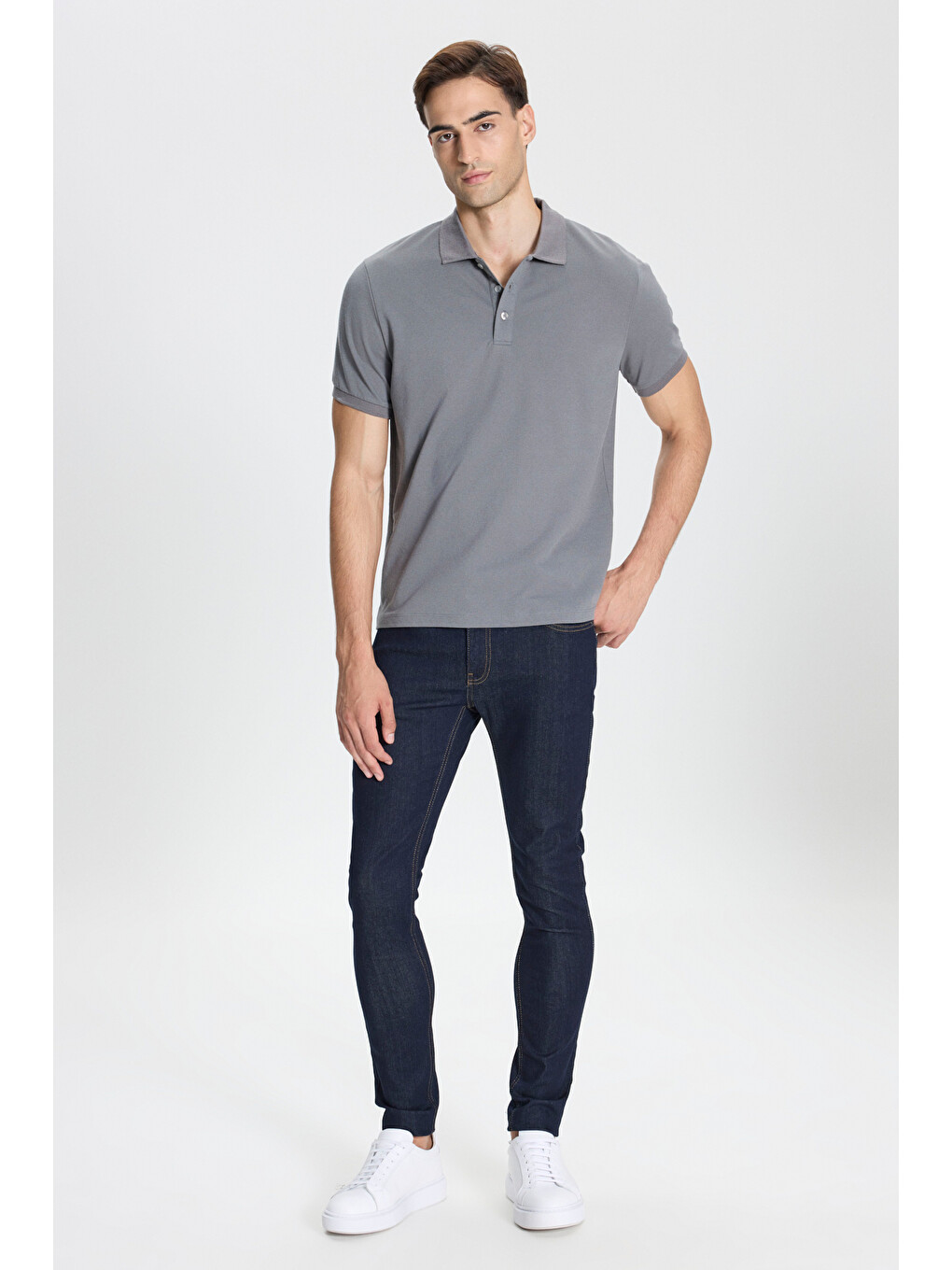 Gri Erkek Grı-grı Pamuklu Slim Fit Dar Kesim Polo Yaka Tişört-1
