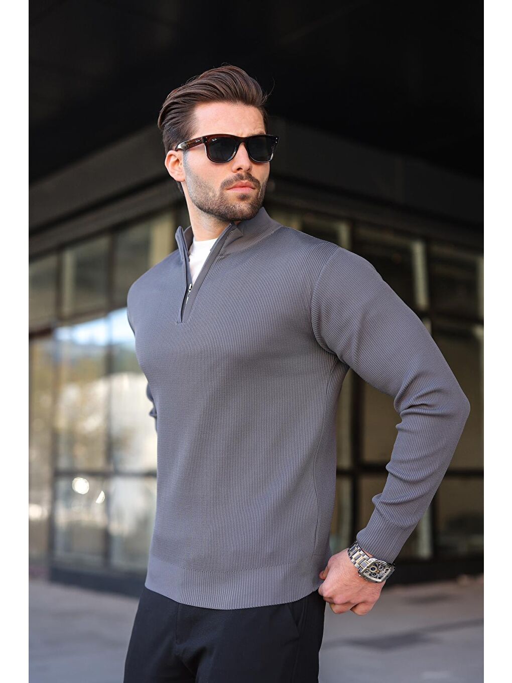 Antrasit Yarım Fermuarlı Dik Yaka Erkek Triko Kazak 7442