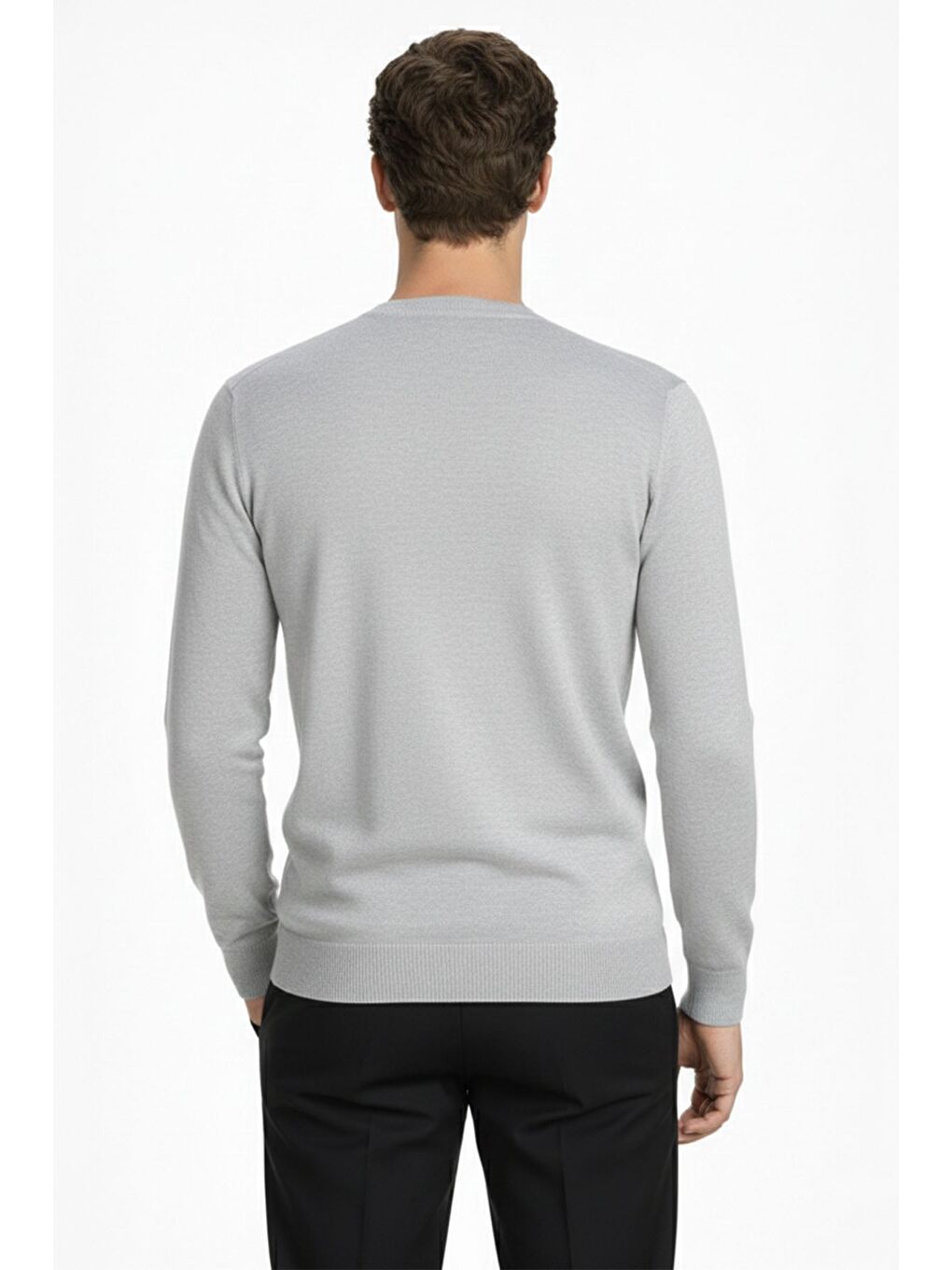 Gri Standart Fit Yün Karışımlı Bisiklet Yaka Düz Erkek Triko Kazak-3