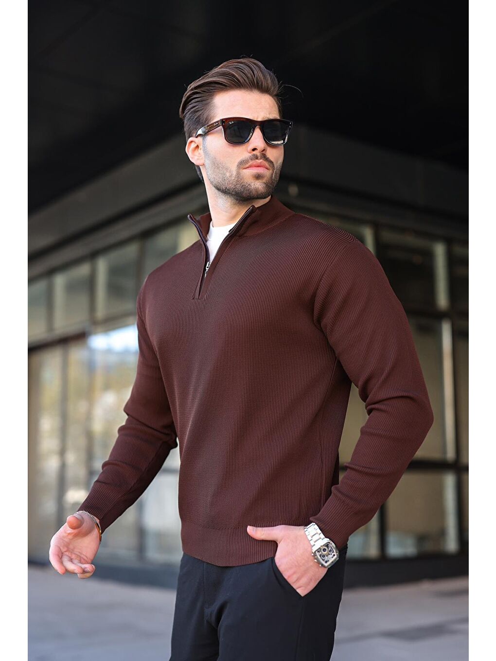 Kahverengi Yarım Fermuarlı Dik Yaka Erkek Triko Kazak 7442-3