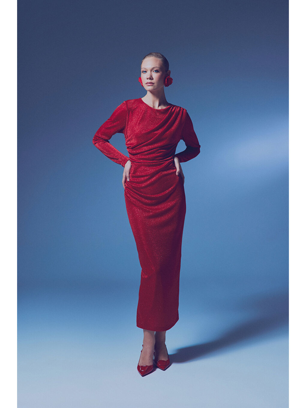 Simli Midi Elbise - Kırmızı