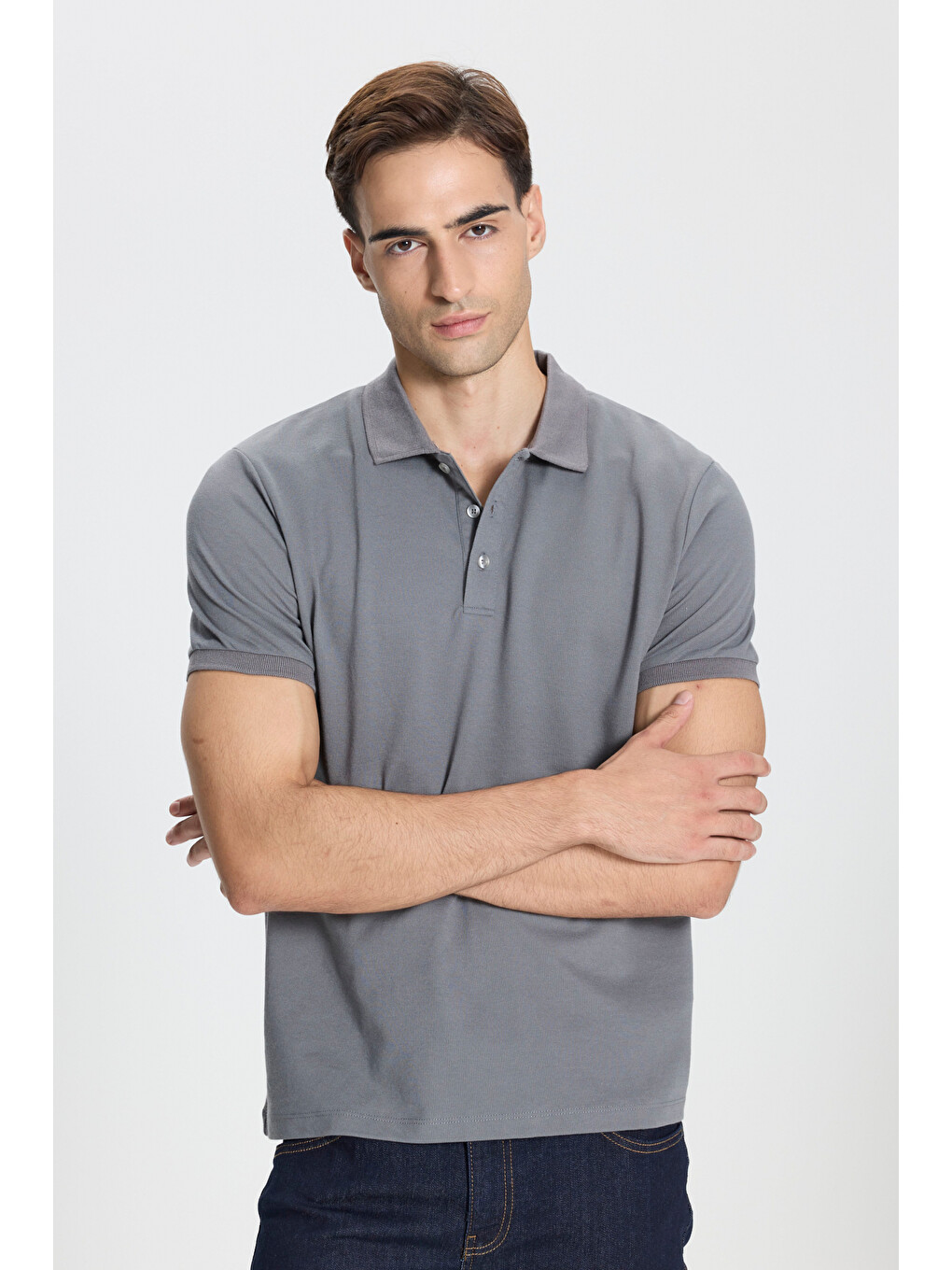 Gri Erkek Grı-grı Pamuklu Slim Fit Dar Kesim Polo Yaka Tişört-2