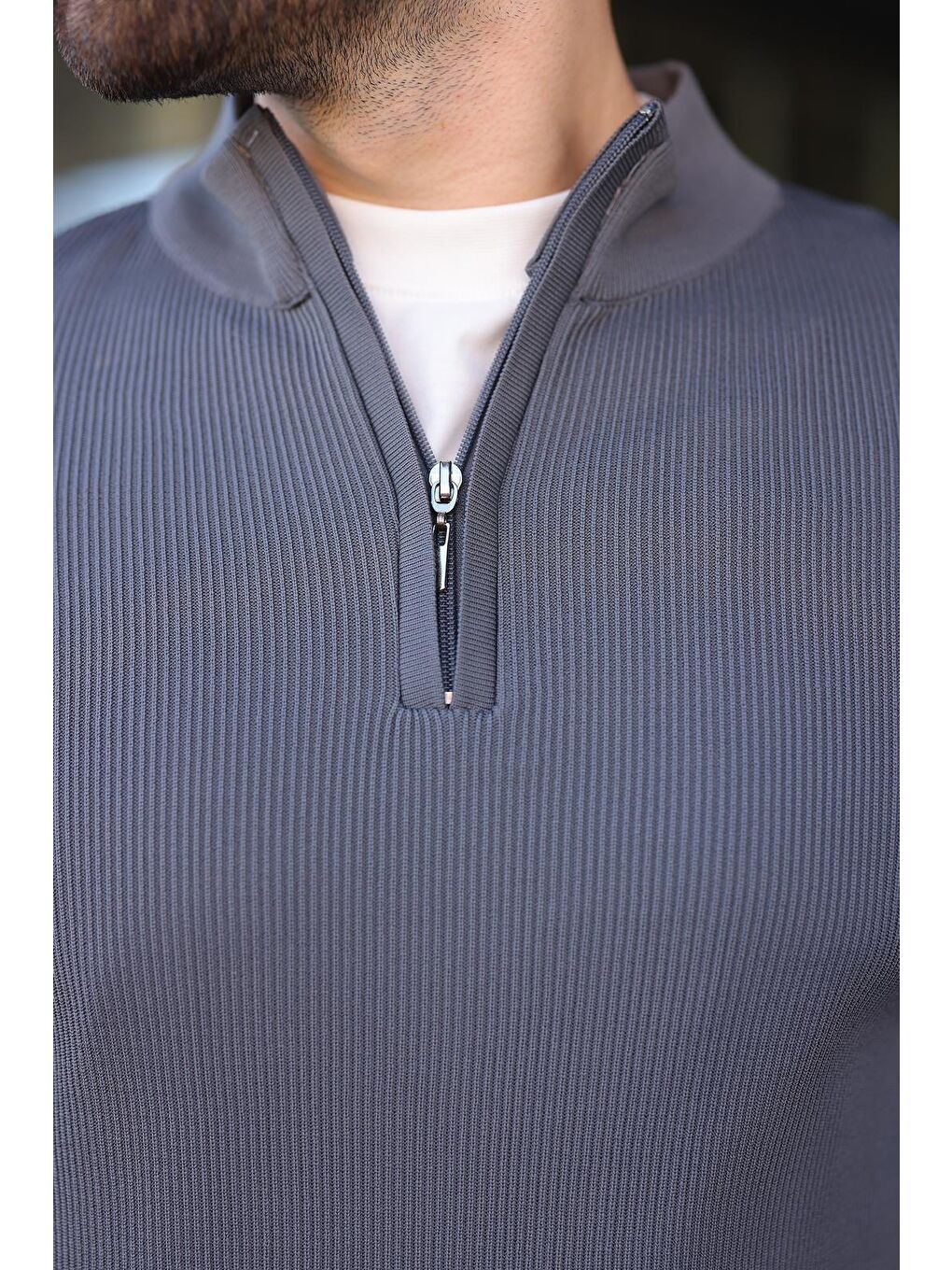 Antrasit Yarım Fermuarlı Dik Yaka Erkek Triko Kazak 7442-1