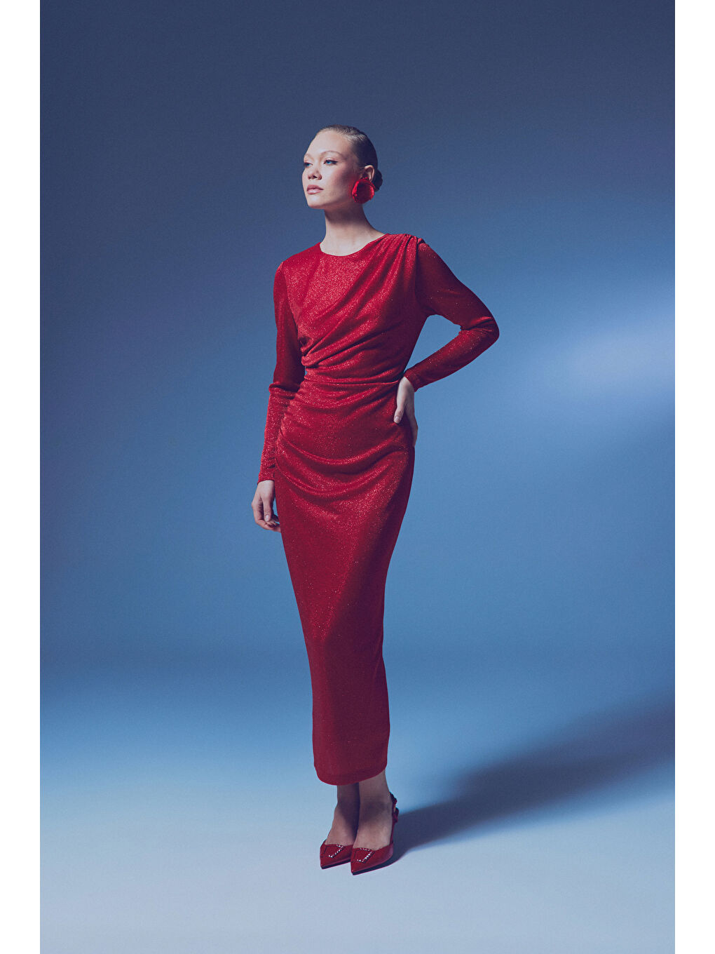 Simli Midi Elbise - Kırmızı-1