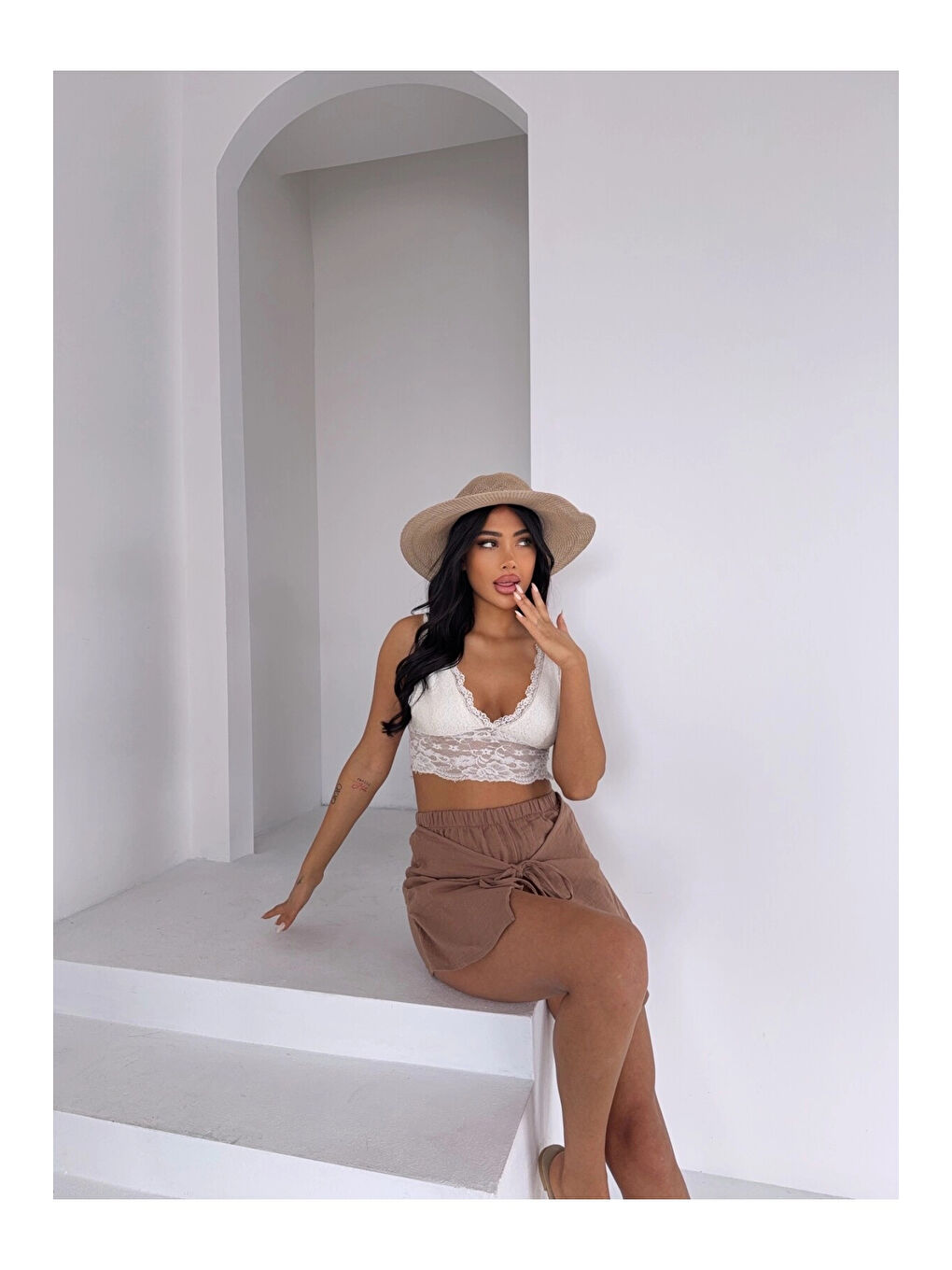 Sarı Kadın Camel Bağlama Detay Müslin Şort HZL25S-DSB2323-3