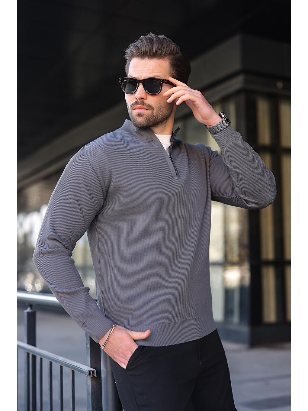 Antrasit Yarım Fermuarlı Dik Yaka Erkek Triko Kazak 7442-2