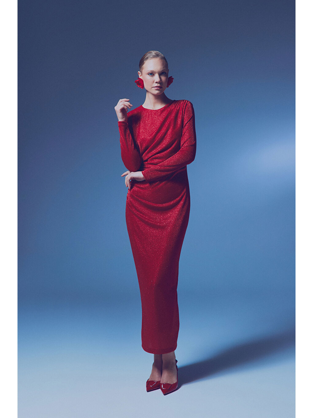 Simli Midi Elbise - Kırmızı-2