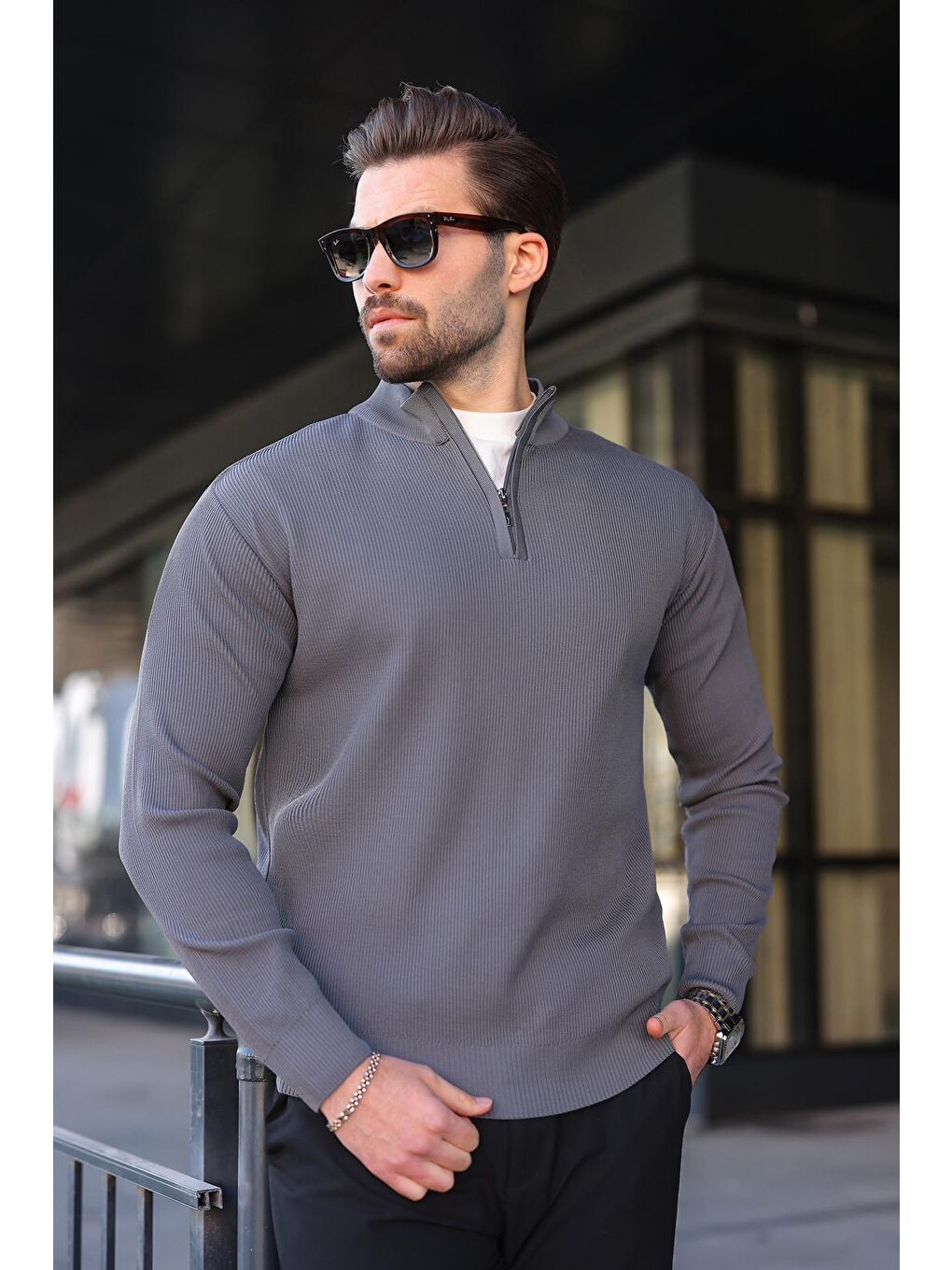 Antrasit Yarım Fermuarlı Dik Yaka Erkek Triko Kazak 7442-3