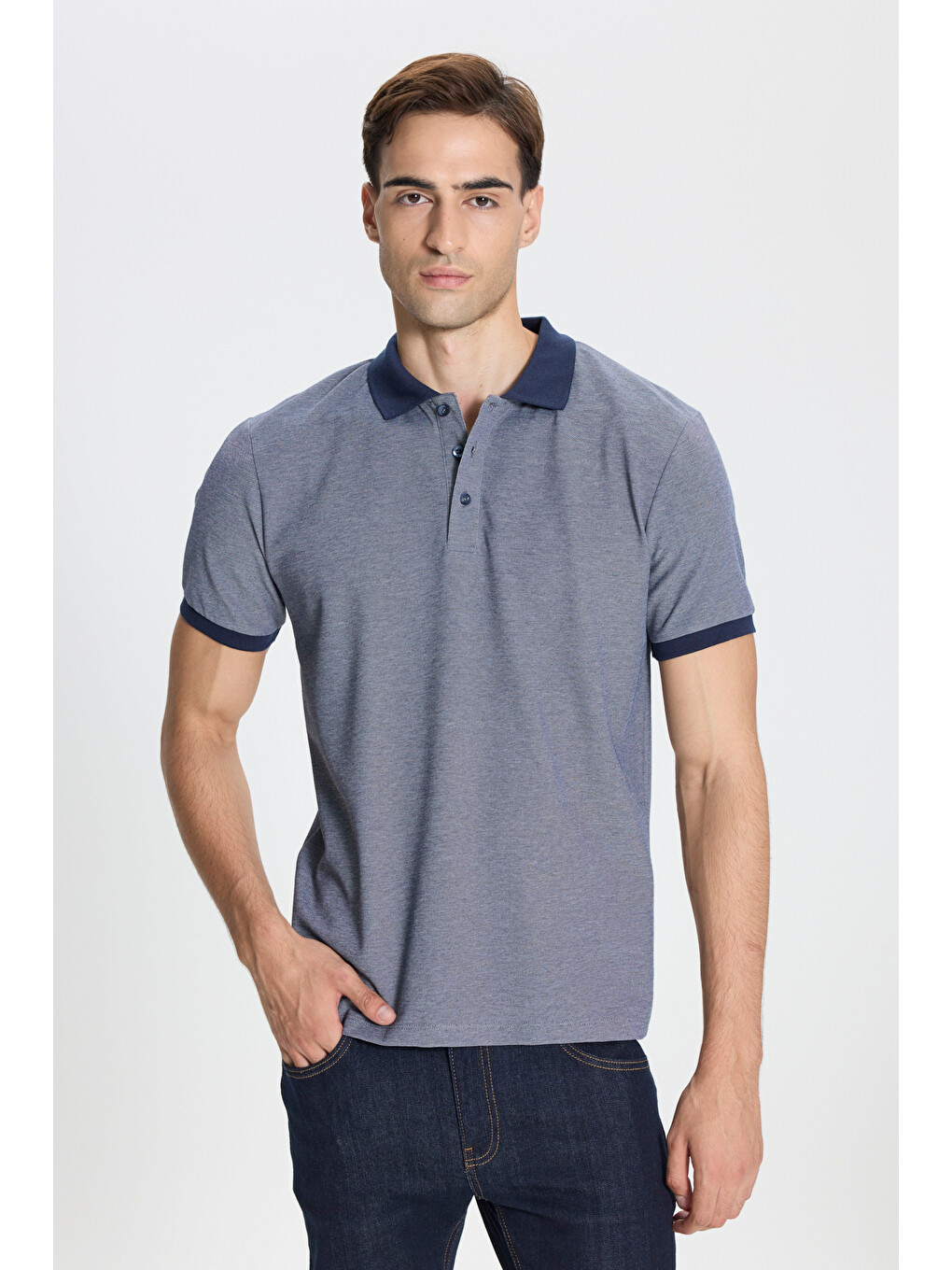 Erkek Lacivert-beyaz Pamuklu Slim Fit Dar Kesim Polo Yaka Tişört