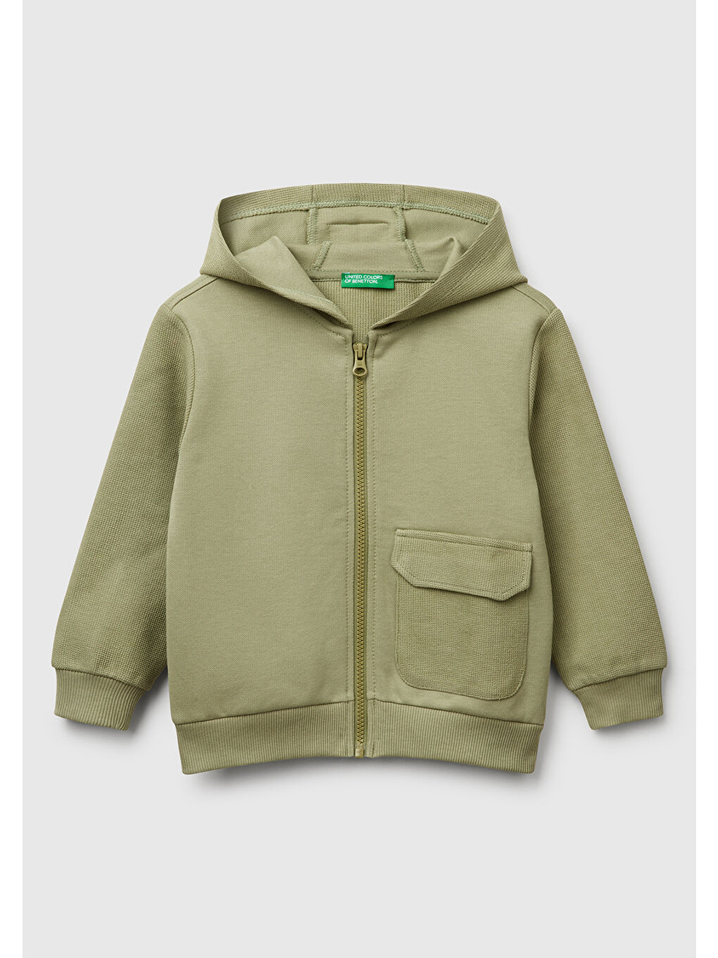 Erkek Çocuk Haki Fermuarlı Yama Cepli Kapüşonlu Sweatshirt