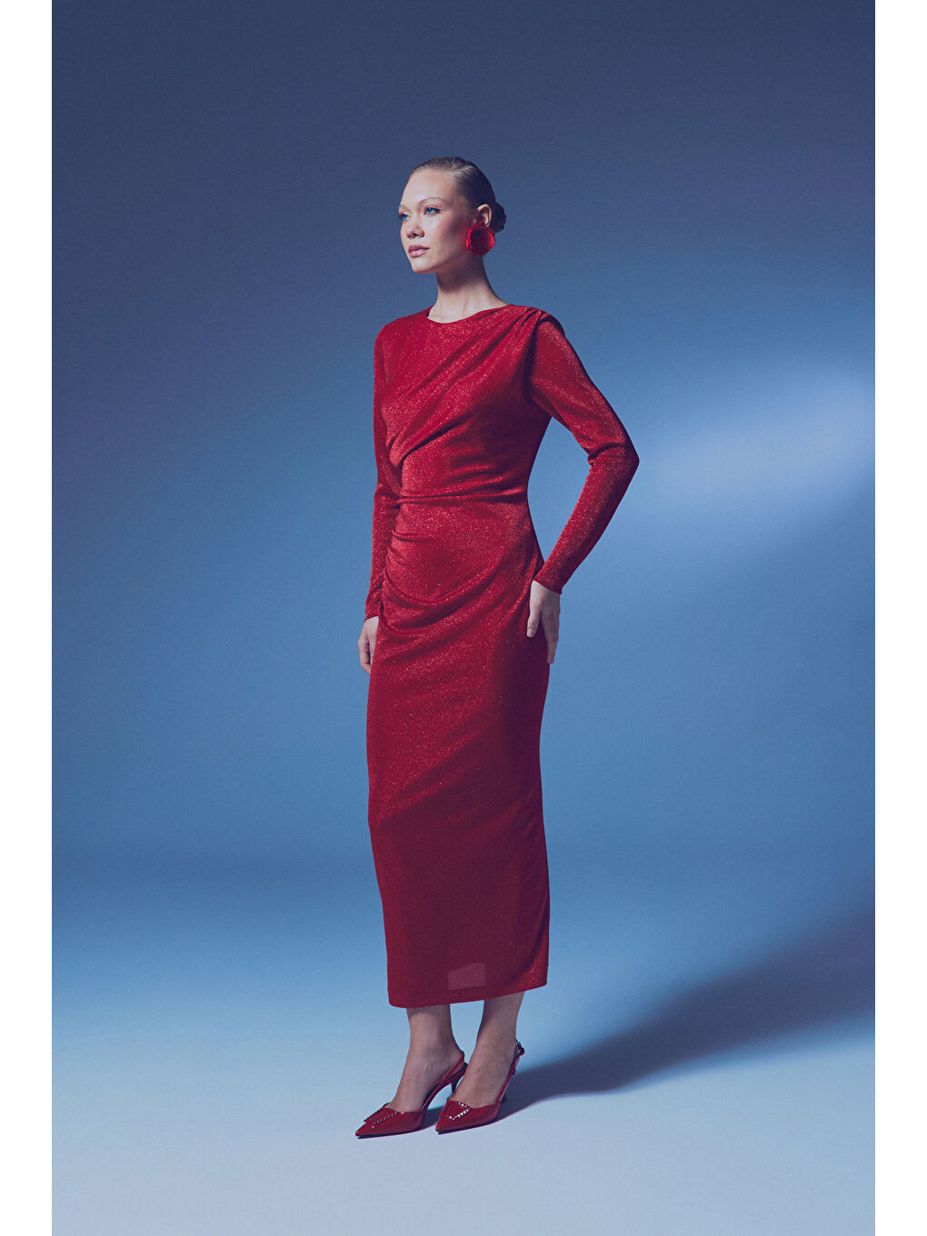 Simli Midi Elbise - Kırmızı-3