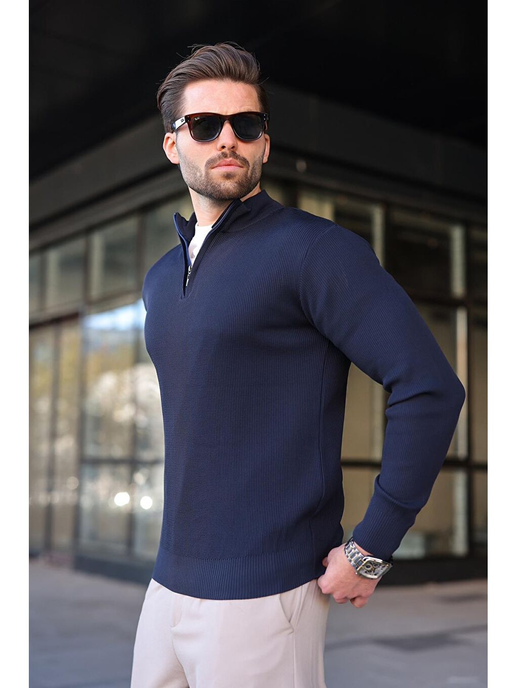 Lacivert Yarım Fermuarlı Dik Yaka Erkek Triko Kazak 7442-1