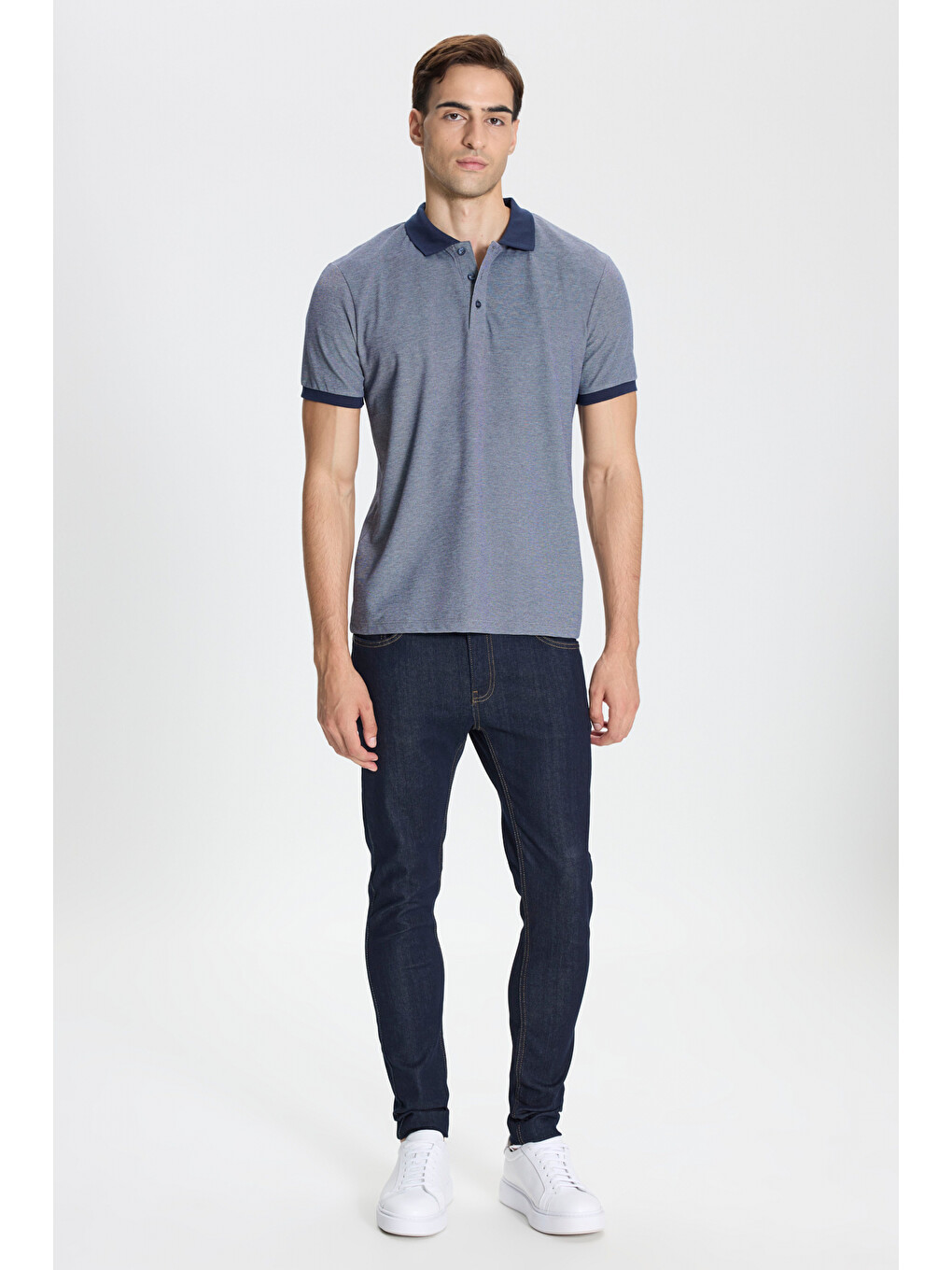 Erkek Lacivert-beyaz Pamuklu Slim Fit Dar Kesim Polo Yaka Tişört-1