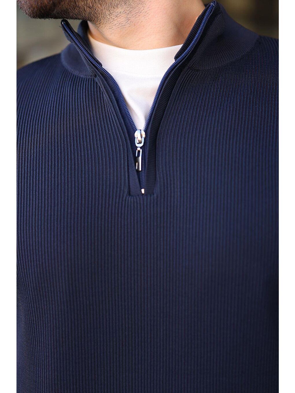 Lacivert Yarım Fermuarlı Dik Yaka Erkek Triko Kazak 7442-2