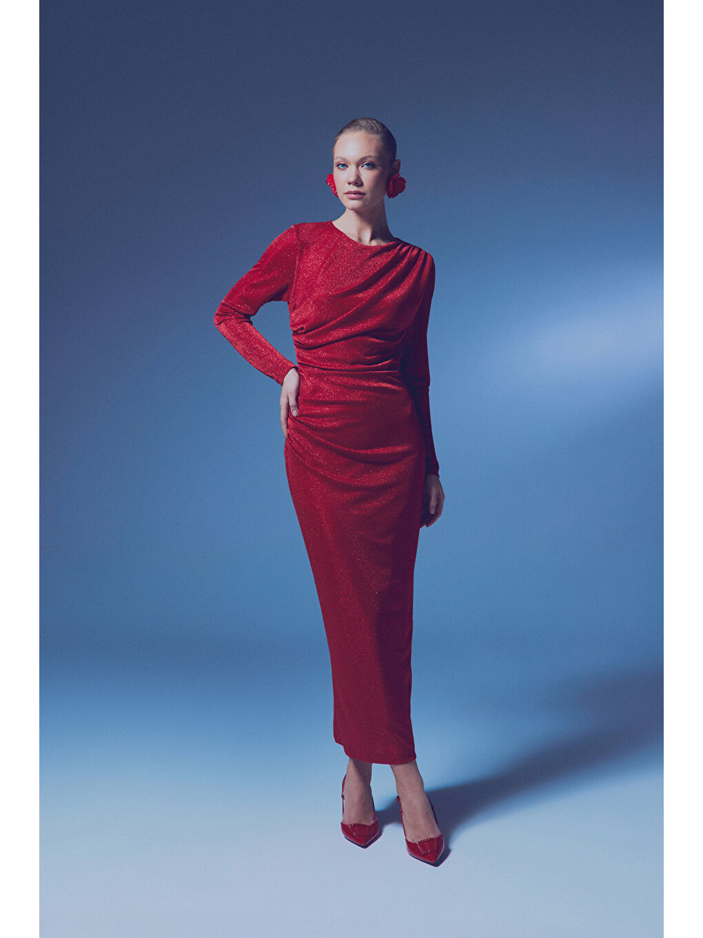 Simli Midi Elbise - Kırmızı-4