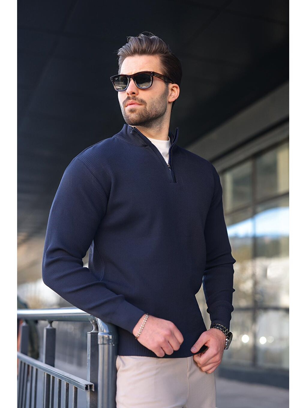 Lacivert Yarım Fermuarlı Dik Yaka Erkek Triko Kazak 7442-3