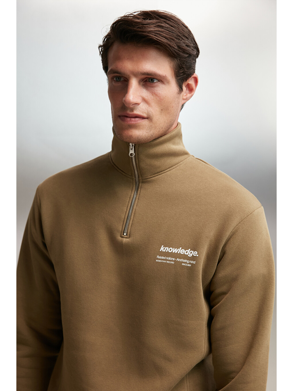 Halden Erkek İçi Polarlı Dik Yaka Yarım Fermuarlı Baskı Detaylı Regular Haki Sweatshirt-2