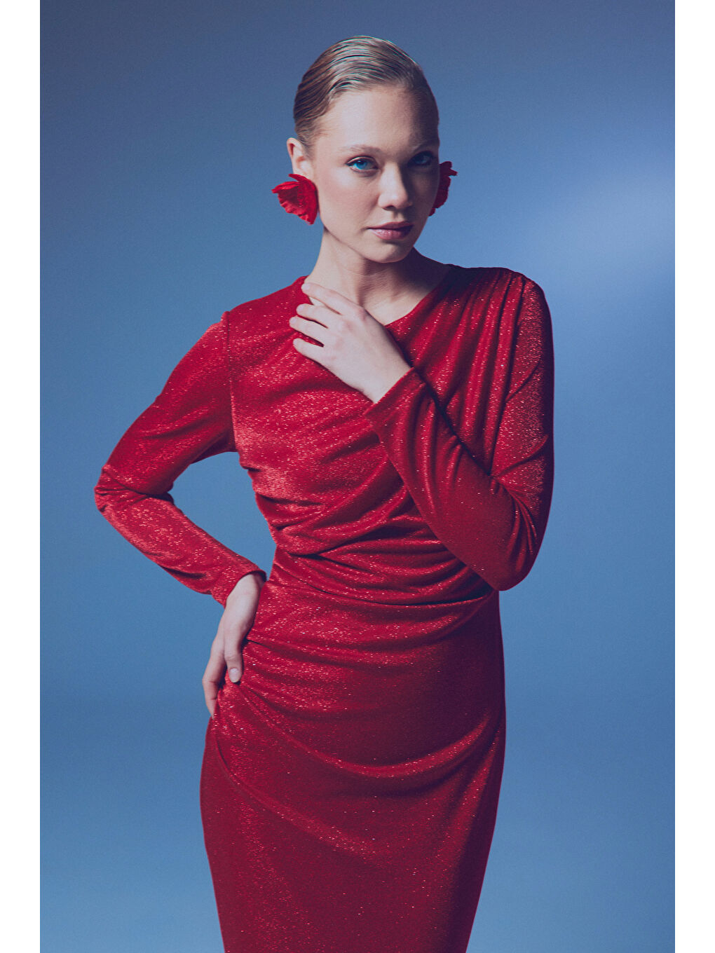 Simli Midi Elbise - Kırmızı-5