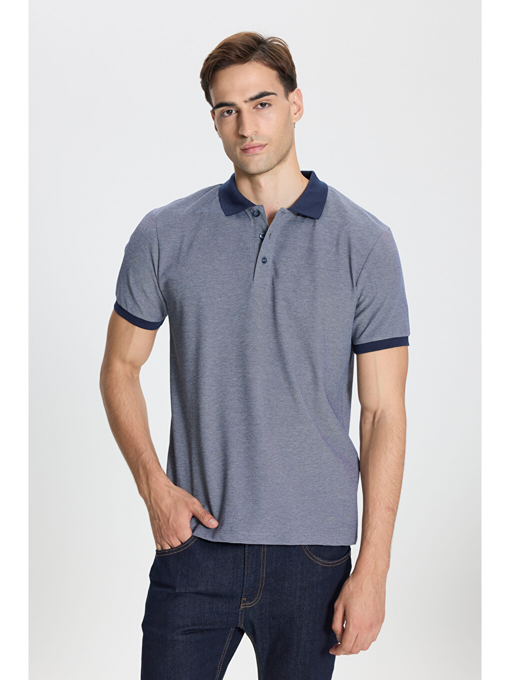 Erkek Lacivert-beyaz Pamuklu Slim Fit Dar Kesim Polo Yaka Tişört-2