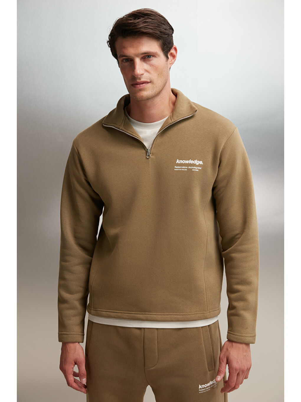 Halden Erkek İçi Polarlı Dik Yaka Yarım Fermuarlı Baskı Detaylı Regular Haki Sweatshirt-3