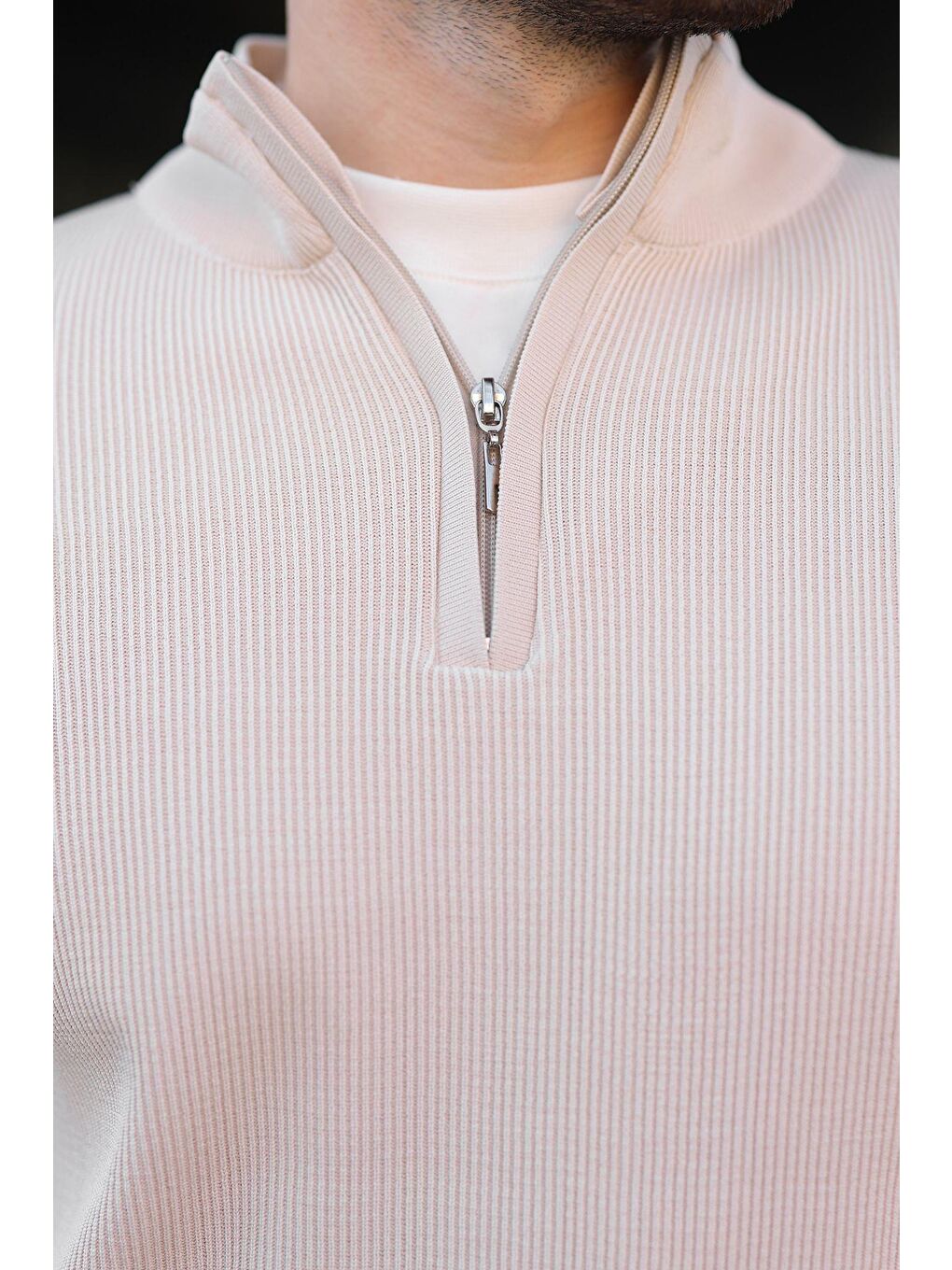 Bej Taş Rengi Yarım Fermuarlı Dik Yaka Erkek Triko Kazak 7442-2