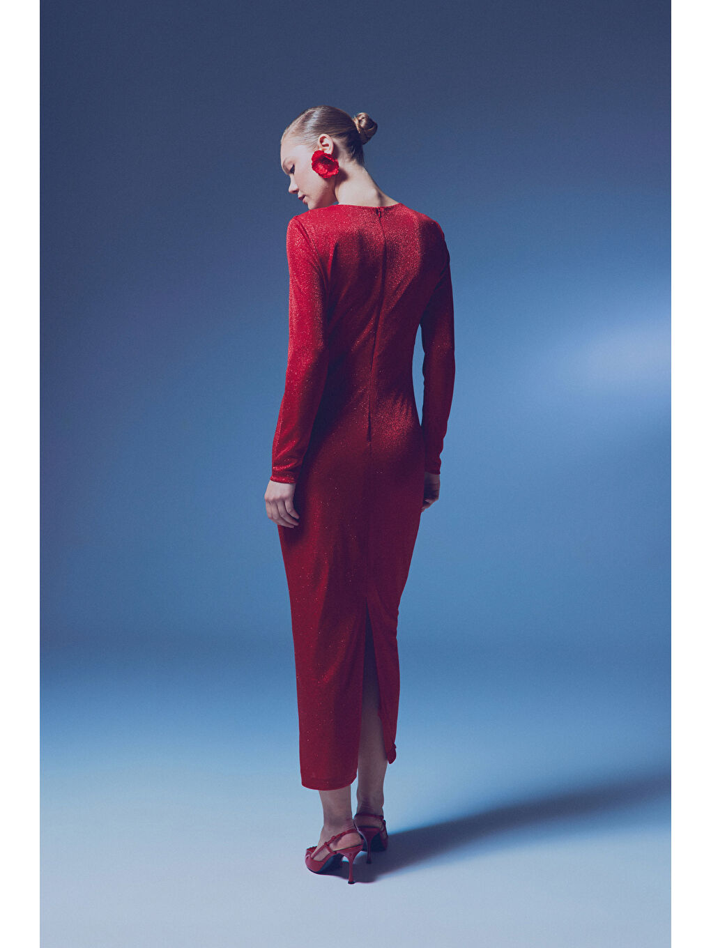 Simli Midi Elbise - Kırmızı-6