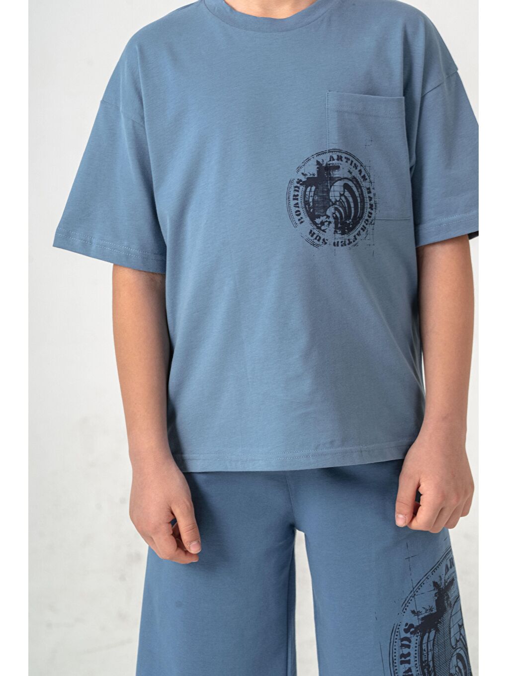 Mavi Ust Cepli Ust Cep Baskılı Arka Baskılı Erkek Çocuk Şort - Tişört Takımı-4