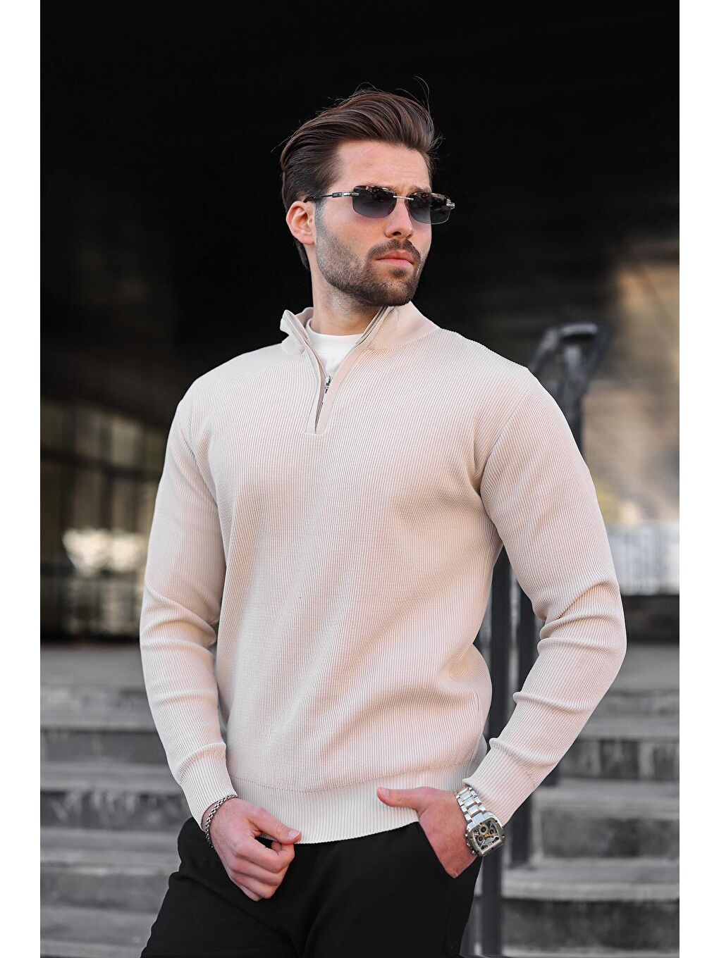 Bej Taş Rengi Yarım Fermuarlı Dik Yaka Erkek Triko Kazak 7442-3