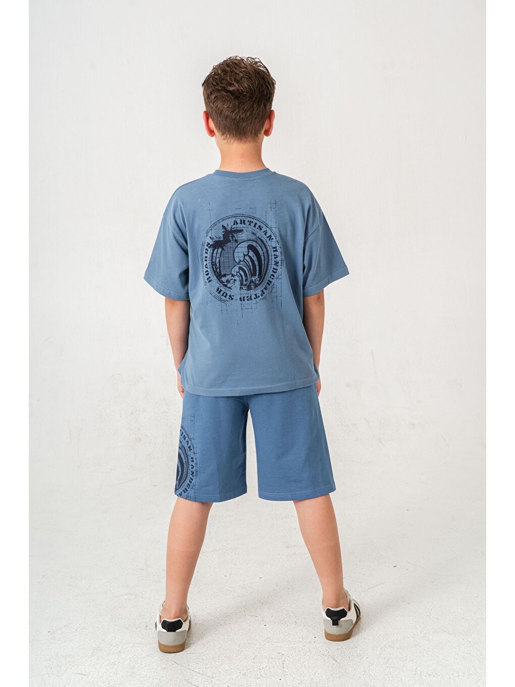 Mavi Ust Cepli Ust Cep Baskılı Arka Baskılı Erkek Çocuk Şort - Tişört Takımı-5
