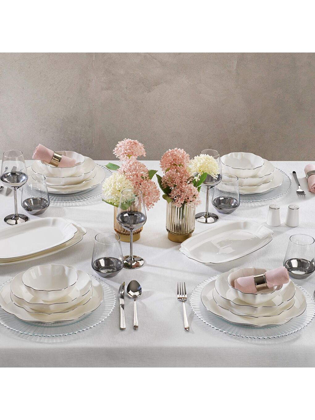 Gri Lina Bone Yemek Takımı 56 Parça-Platin