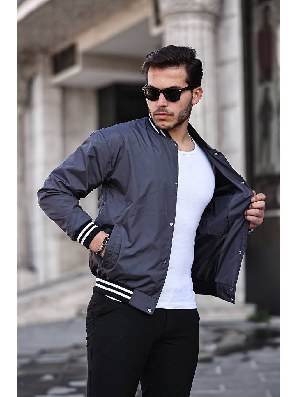 Gri Erkek Baskılı Çıtçıtlı Füme Kolej Ceket-1