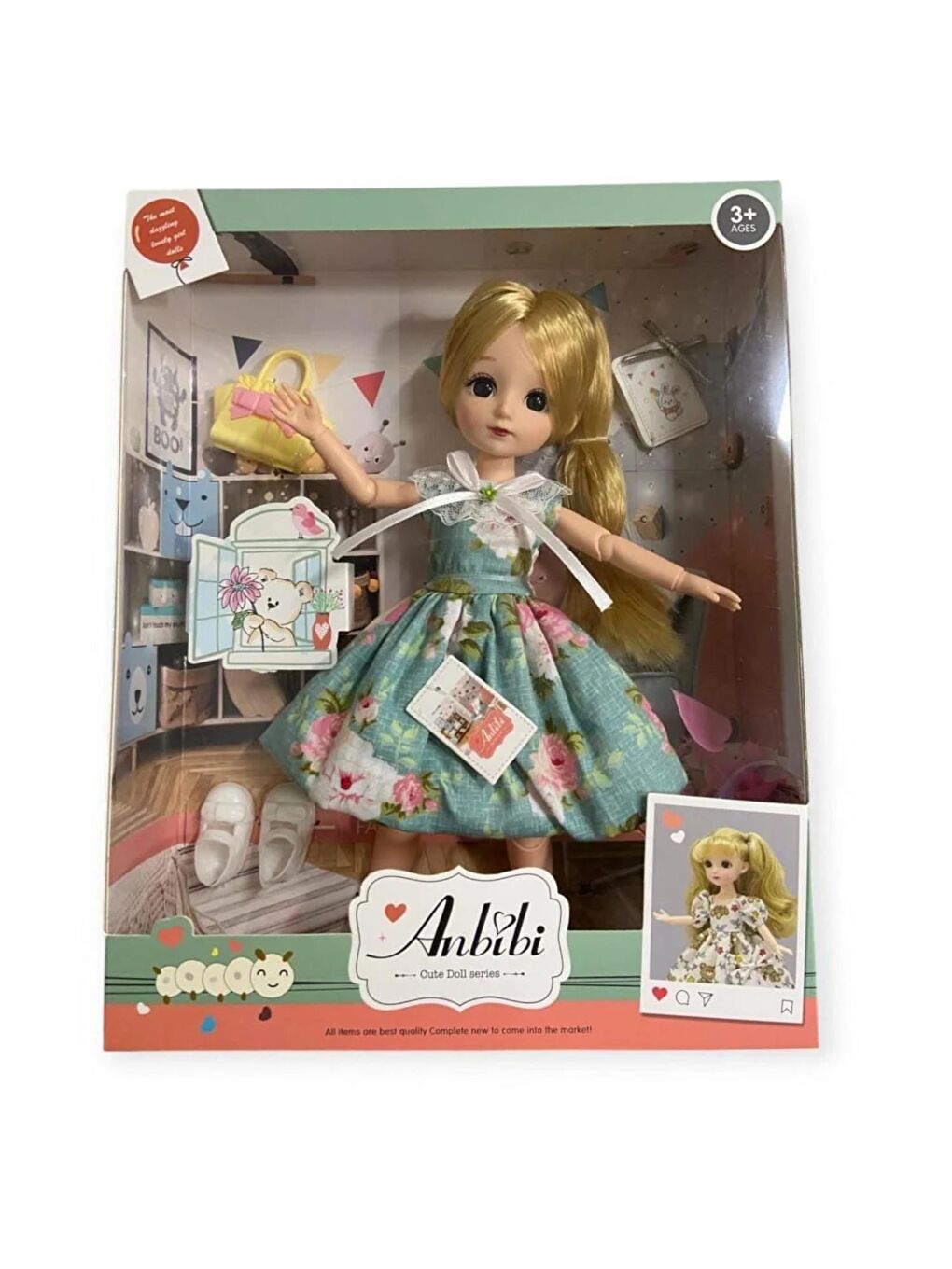 Anbibi Çanta ve Ayakkabı Aksesuarlı Hareketli Bebek Sarı Saçlı Yeşil Elbiseli-3