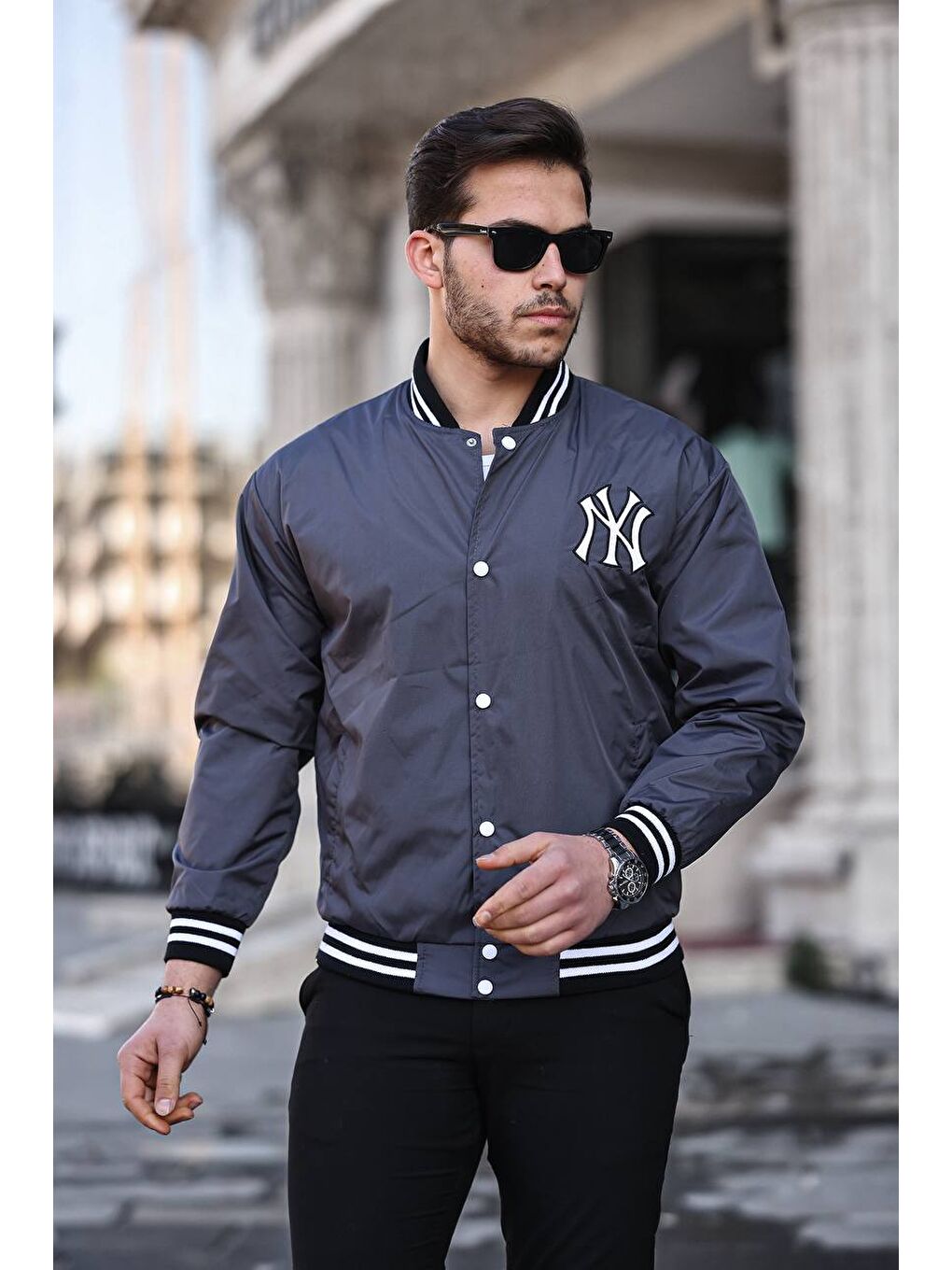 Gri Erkek Baskılı Çıtçıtlı Füme Kolej Ceket-2