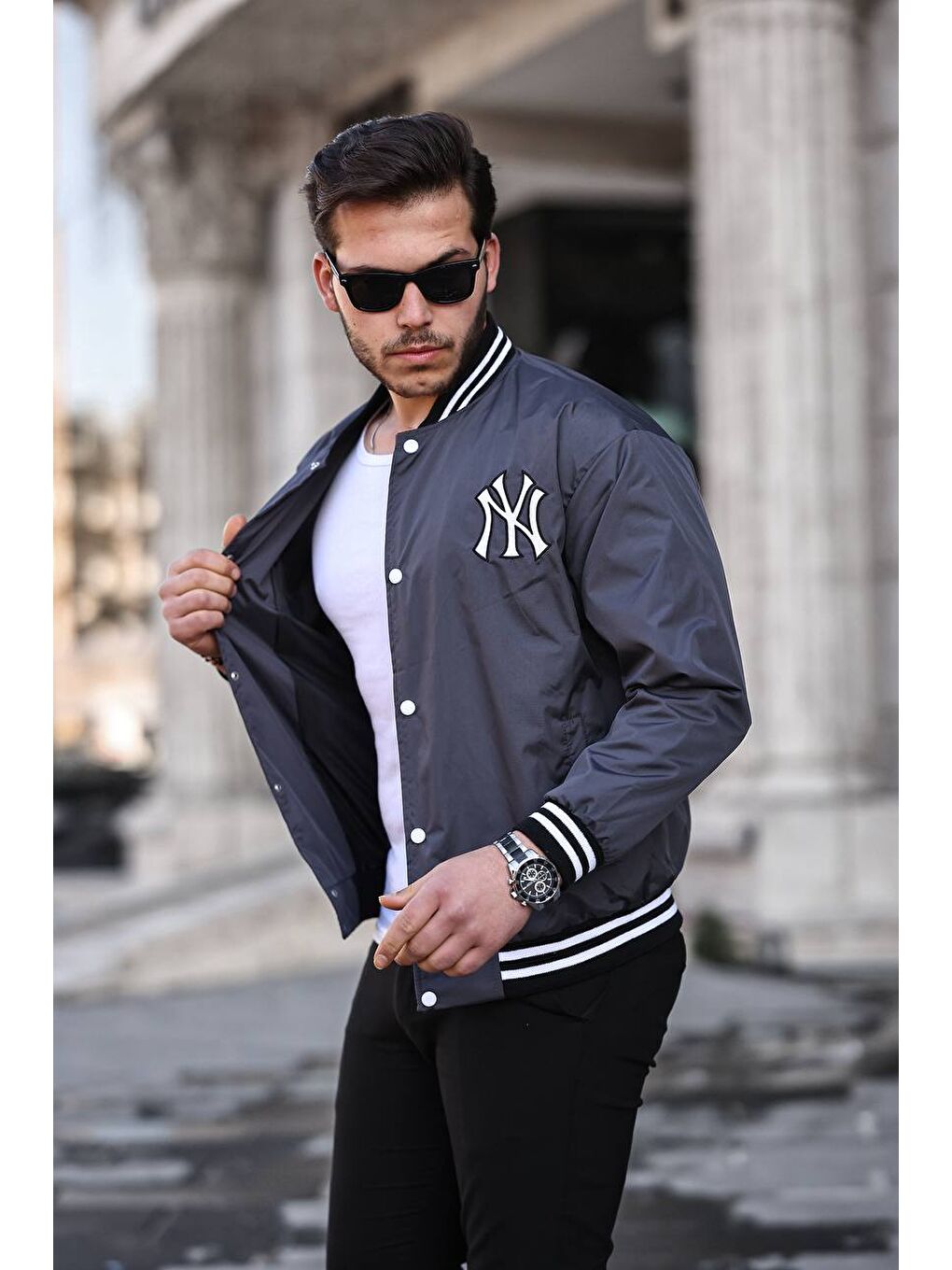 Gri Erkek Baskılı Çıtçıtlı Füme Kolej Ceket-3