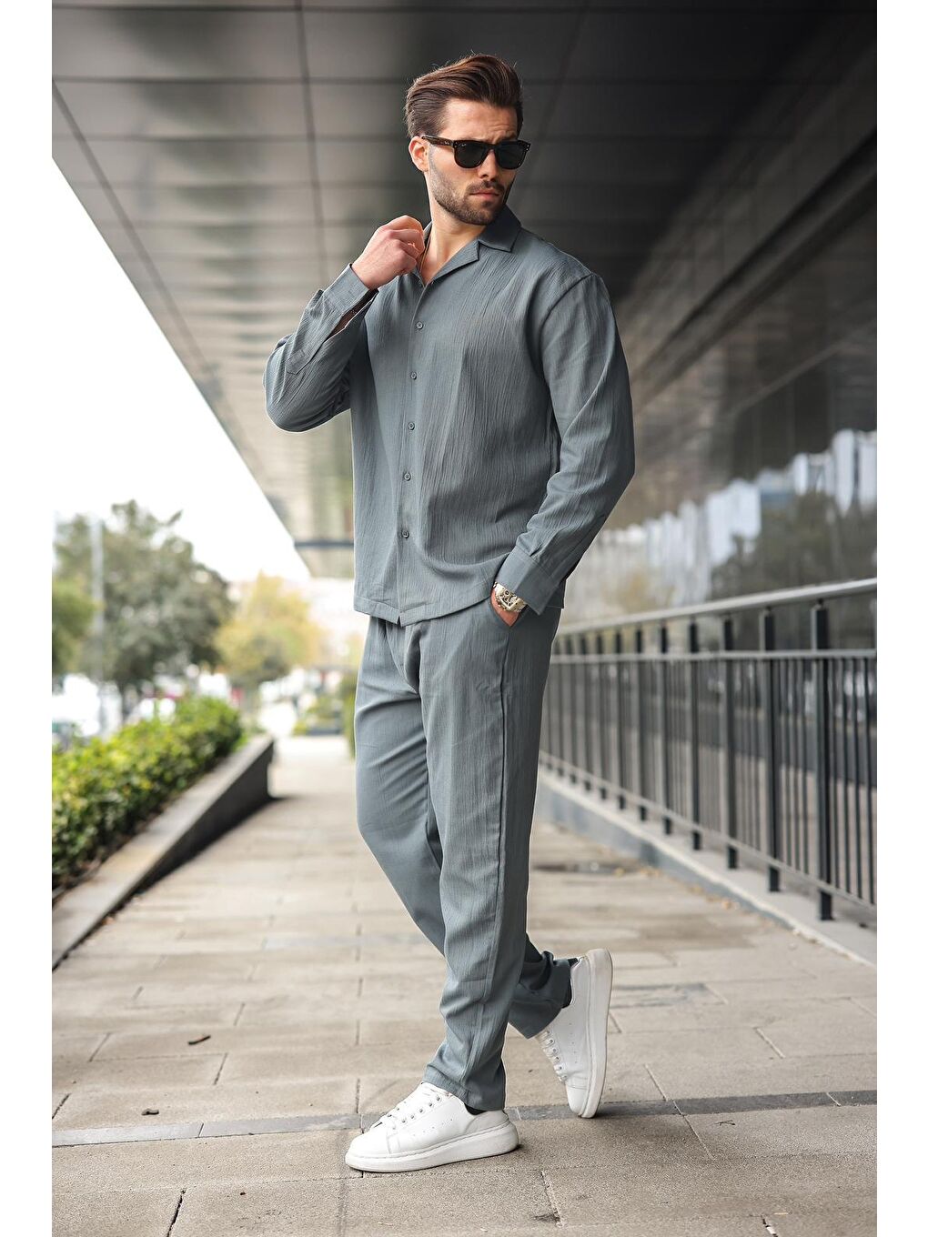 Gri Füme Düğmeli Basic Erkek Gömlek Pantolon Takım E7335
