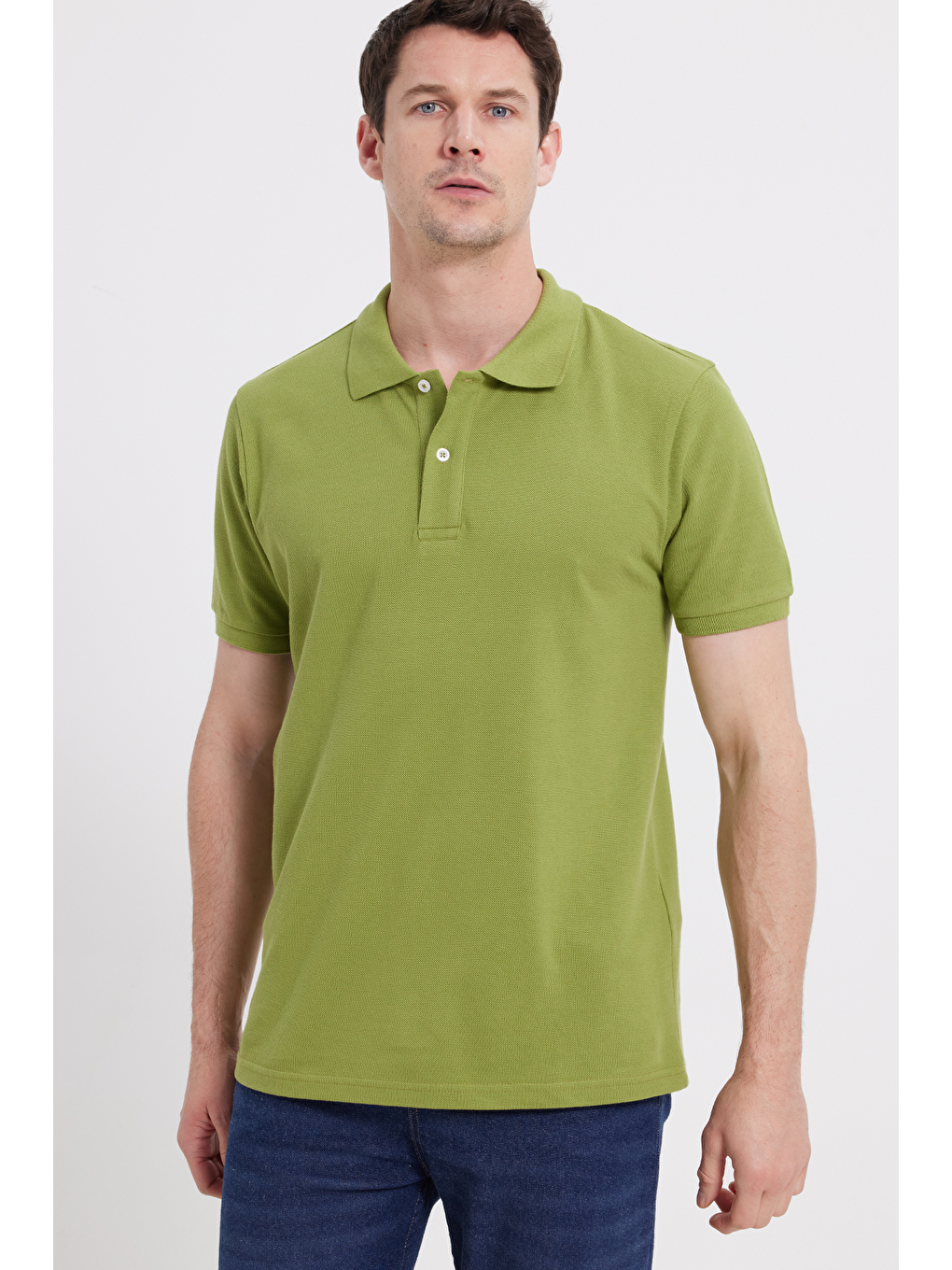 Erkek Slim Fit Dar Kesim %100 Pamuk Kısa Kollu Polo Yaka Yeşil Tişört-1